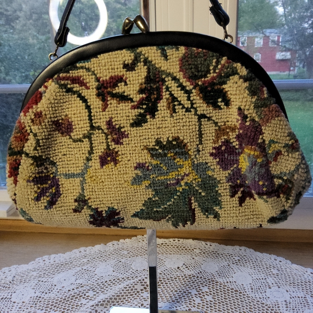 Vintage Knited Fabric Purse 1950's Floral and Leaf Pattern Multicolor